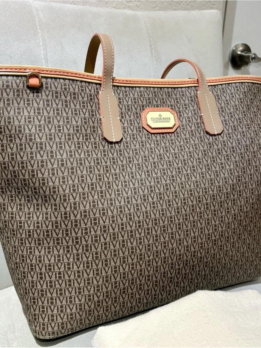 Victor Hugo Italian Leather Brown Monogram Tote Bag in Tan Trim